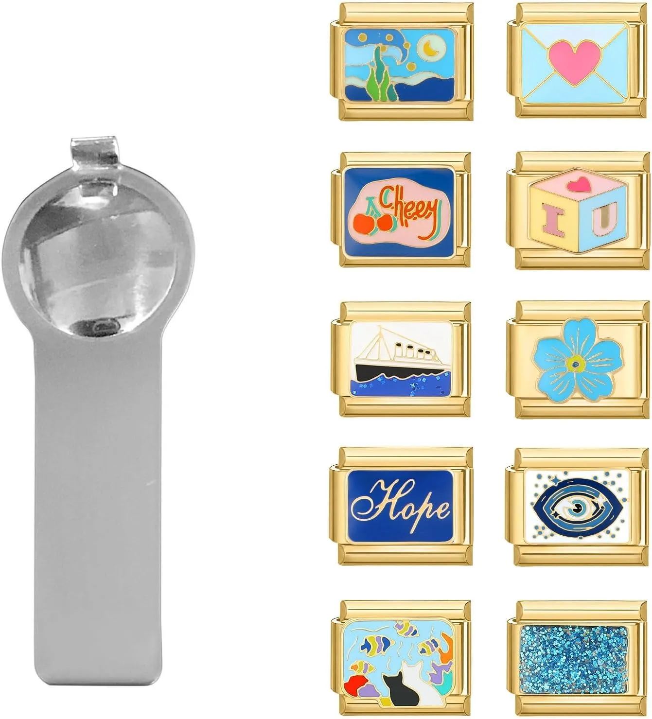 papasgix Italian Charm Bracelet Gold Charms Pack Links Bulk with Opening Tool 9mm Italian Charms Blue Italian Modular Bracelet Links Handmade DIY Jewelry