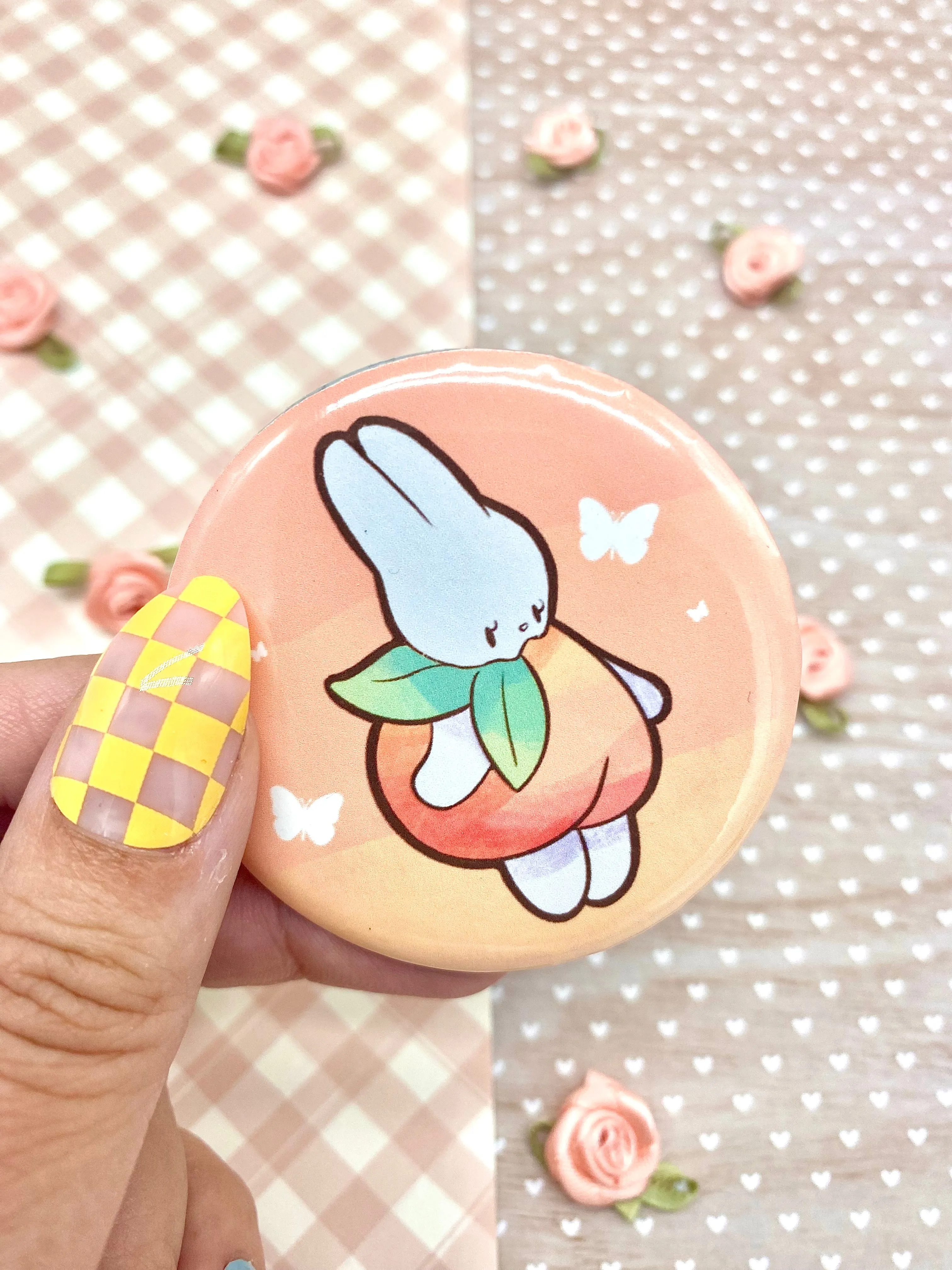 Peaches and Bunnies Button Pin