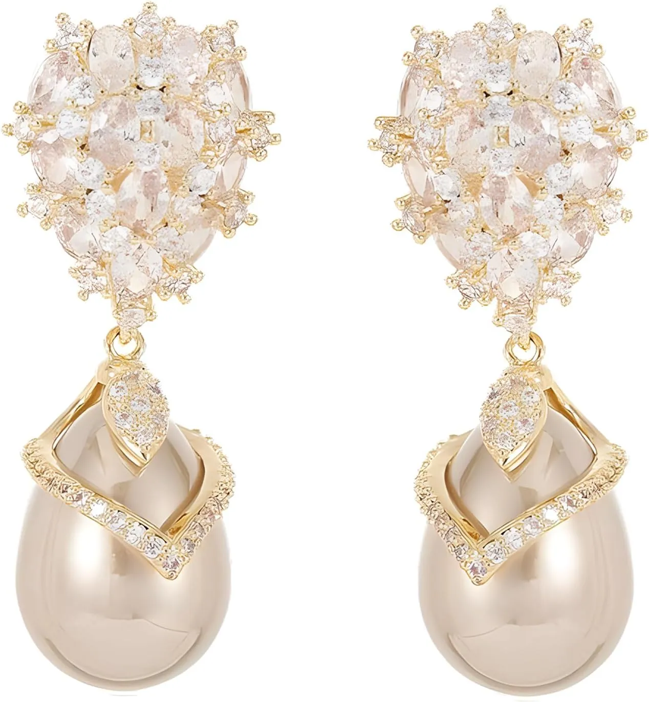 Pearl Bridal Wedding Earrings Dangling Cubic Zirconia and Water Drop Pearls Dangle Earrings for Brides Bridesmaid