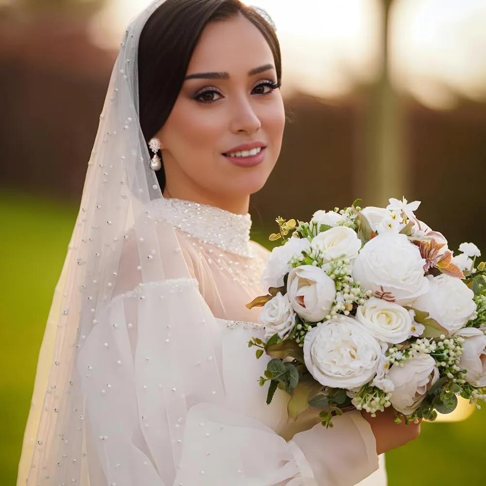 Pearl Bridal Wedding Earrings Dangling Cubic Zirconia and Water Drop Pearls Dangle Earrings for Brides Bridesmaid