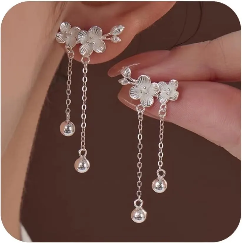 Pearl Drop Earrings for Women Long Threader Chain Dainty Flower Wedding Bridal Earrings Gold Floral Trendy Statement Prom Jewelry Bridesmaid Gift for Her