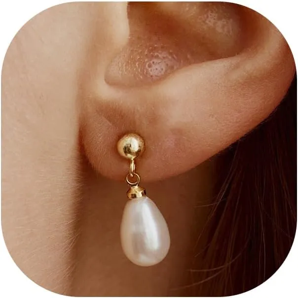 Pearl Earrings for Women 14K Gold Freshwater Pearl Huggie Hoop Earring Dangle Drop Wedding Earrings Bridal Bridesmaid Jewelry Gifts for Women