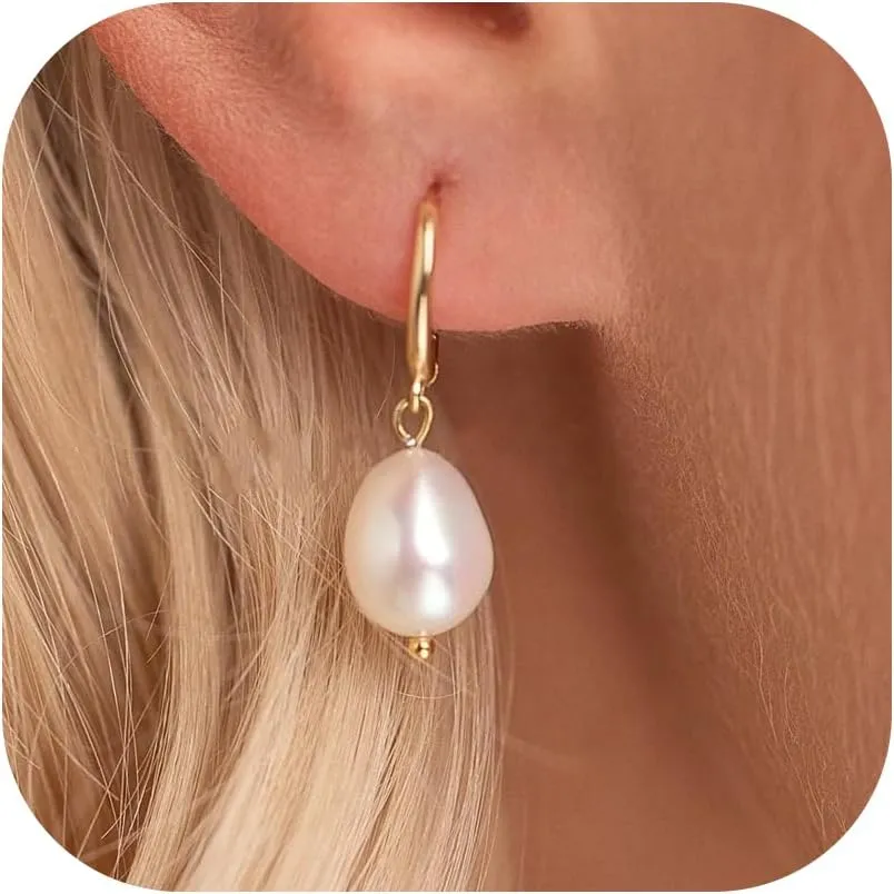 Pearl Earrings for Women 14K Gold Freshwater Pearl Huggie Hoop Earring Dangle Drop Wedding Earrings Bridal Bridesmaid Jewelry Gifts for Women