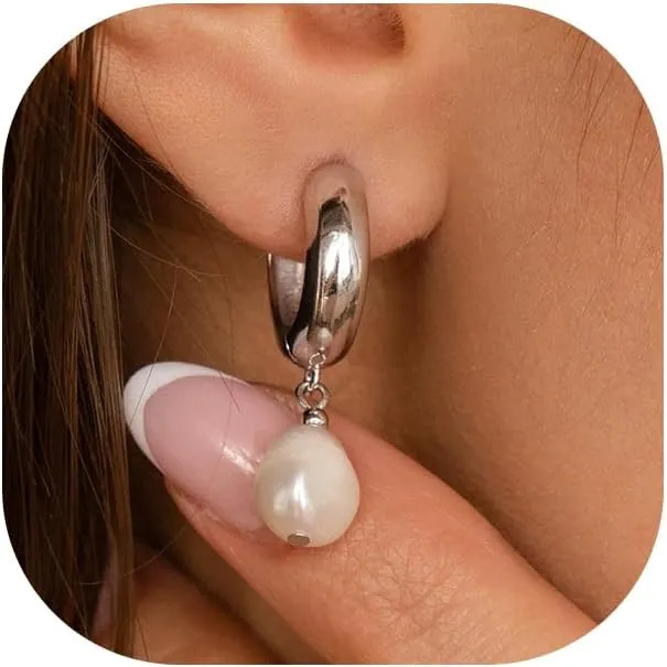 Pearl Earrings for Women 14K Gold Plated Freshwater Pearl Drop Earrings Dangle Hoop Wedding Bridal Bridesmaid Gifts Jewelry for Women