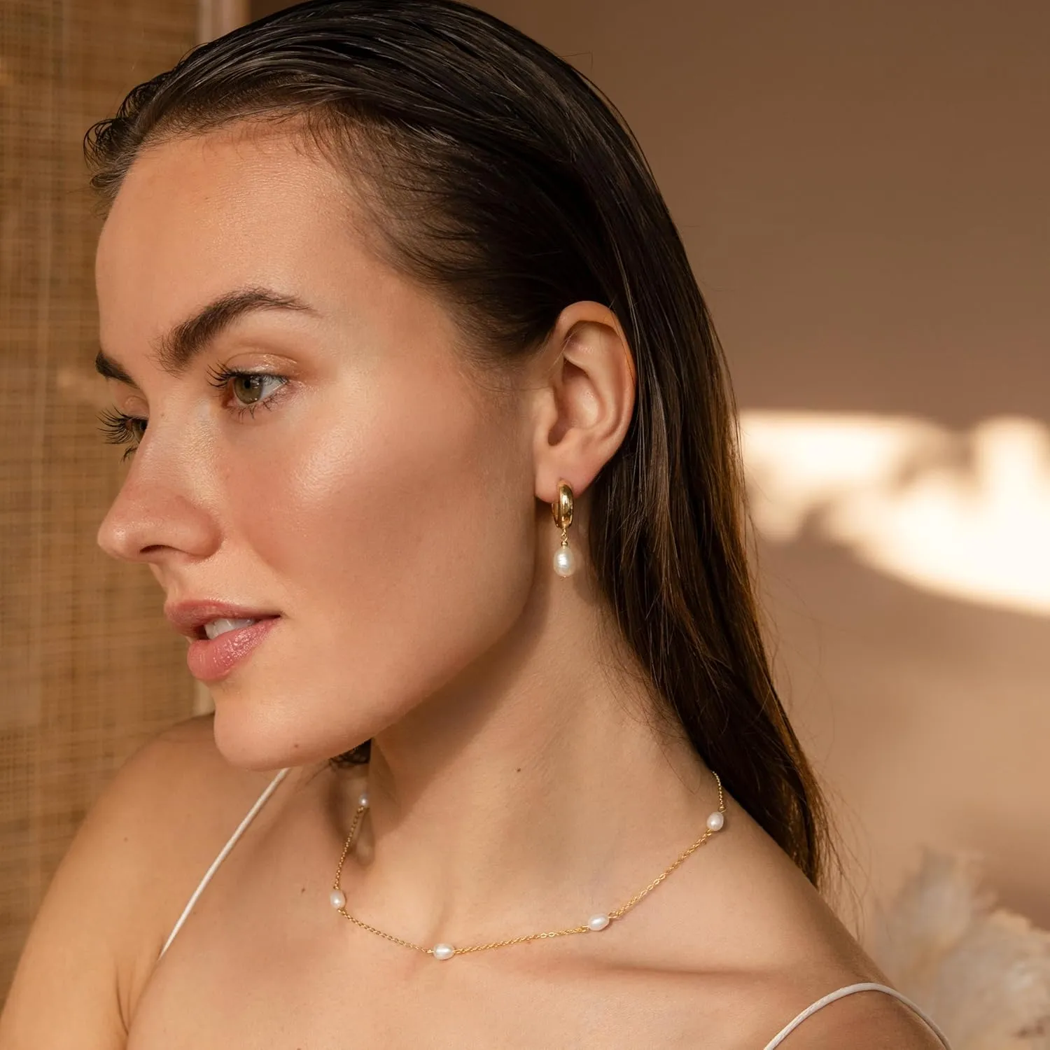 Pearl Earrings for Women 14K Gold Plated Freshwater Pearl Drop Earrings Dangle Hoop Wedding Bridal Bridesmaid Gifts Jewelry for Women