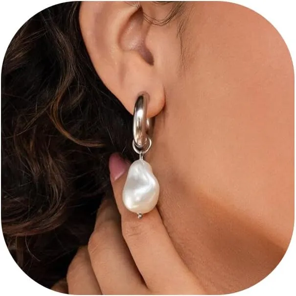 Pearl Earrings for Women 14K Gold Plated Freshwater Pearl Drop Earrings Dangle Hoop Wedding Bridal Bridesmaid Gifts Jewelry for Women
