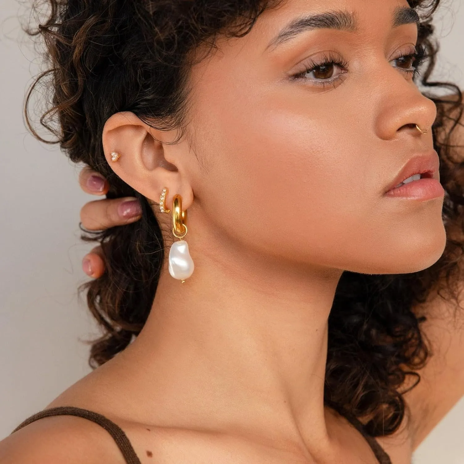Pearl Earrings for Women 14K Gold Plated Freshwater Pearl Drop Earrings Dangle Hoop Wedding Bridal Bridesmaid Gifts Jewelry for Women