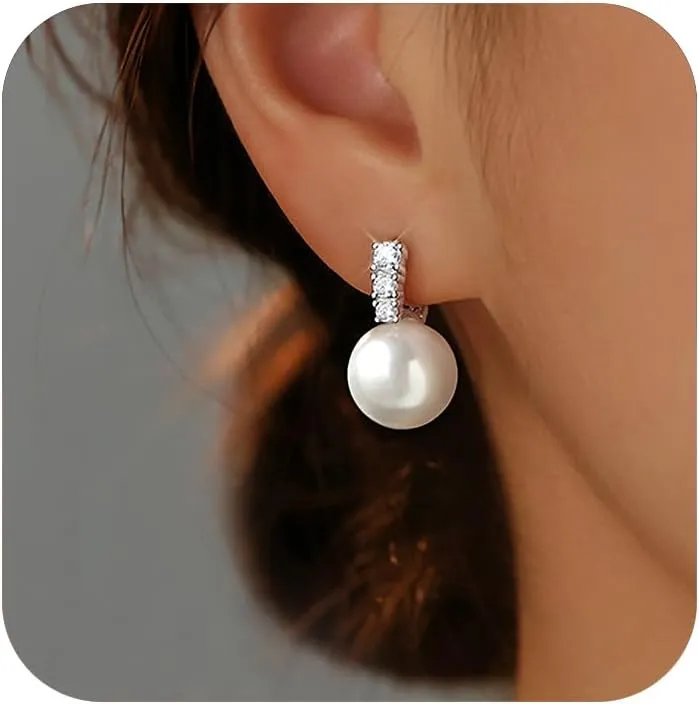 Pearl Earrings for Women Dainty 925 Sterling Silver Dangle Drop Earring with 5A Cubic Zirconia Pearl Drop Earrings Big Pearls Bridal Hoop Jewelry for Graduation Wedding Birthday Gifts for Her