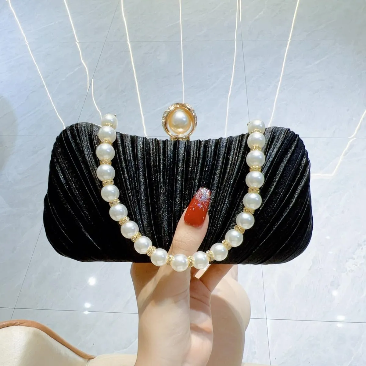 Pearl Evening Bag Elegant Small Clutch Purse Satin with Pearl Chain Shoulder Strap for Women