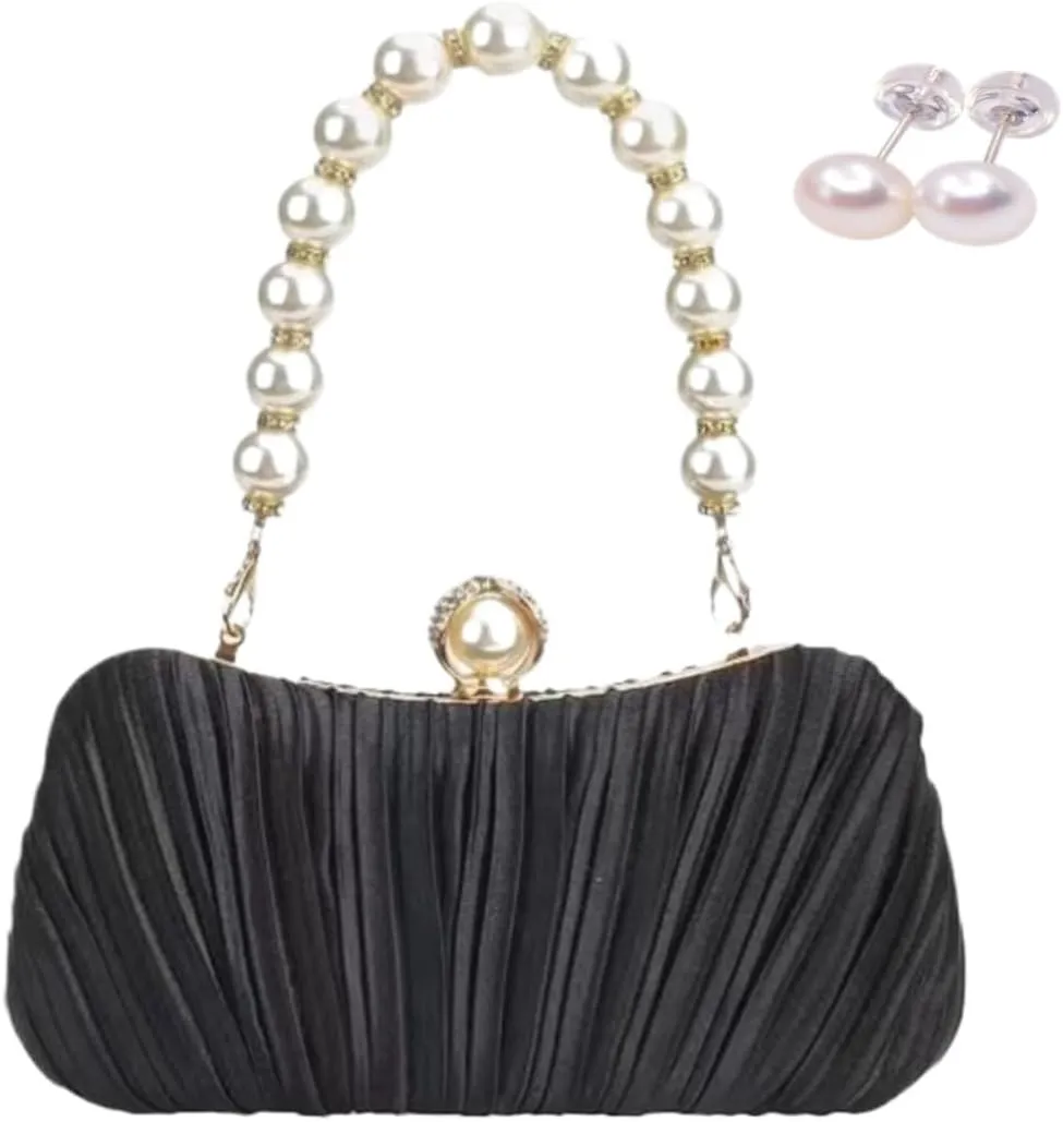 Pearl Evening Bag Elegant Small Clutch Purse Satin with Pearl Chain Shoulder Strap for Women