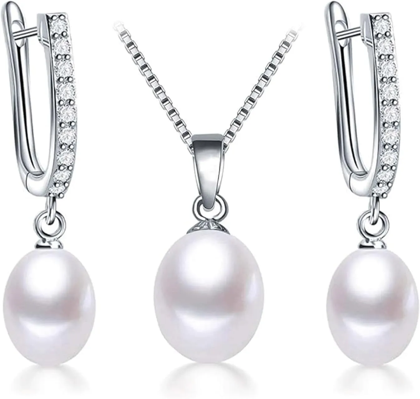 Pearl Jewelry Set For Women Pearl Pendant Necklace & Pearl Earrings with Sparkling Rhinestones 925 Sterling Silver Freshwater Pearl Drop Jewelry Set for Wedding Prom Gift