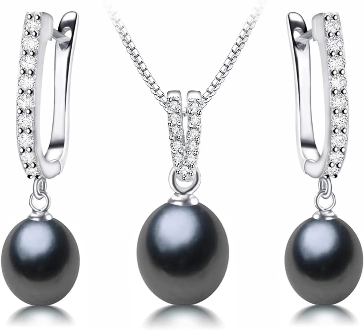 Pearl Jewelry Set For Women with Cubic Zirconia Freshwater Pearl Pendant Necklace & Earrings 925 Sterling Silver for Wedding Prom Gift