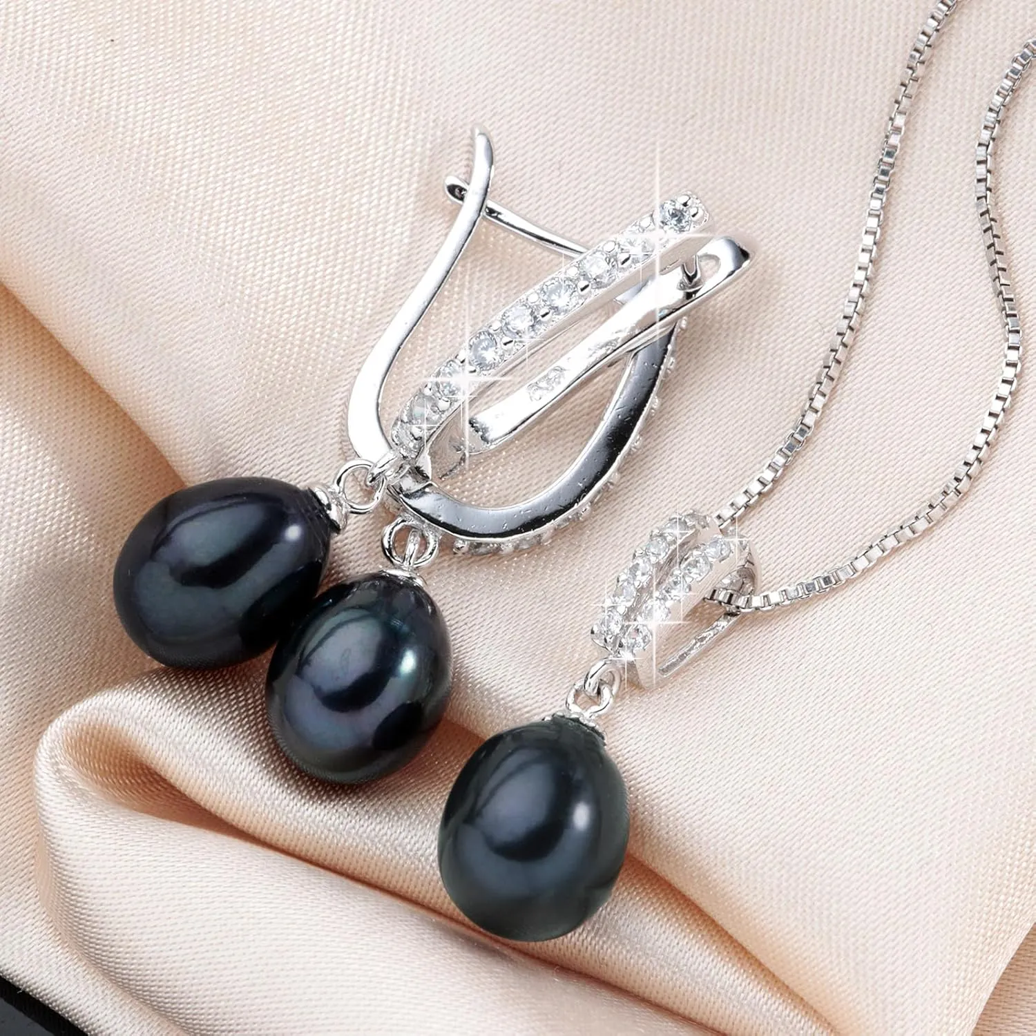 Pearl Jewelry Set For Women with Cubic Zirconia Freshwater Pearl Pendant Necklace & Earrings 925 Sterling Silver for Wedding Prom Gift
