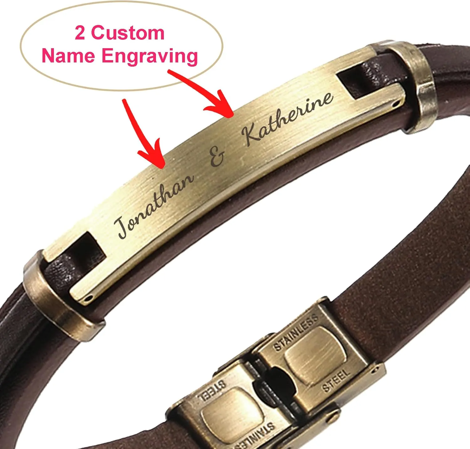 Personalized Mens Leather Bracelet Custom Engraved Text Stainless Steel Wristband Gift f/Boyfriend Husband Dad