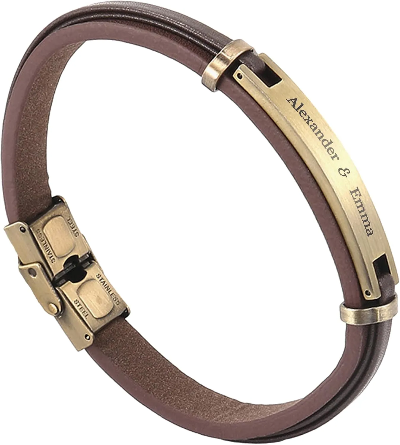 Personalized Mens Leather Bracelet Custom Engraved Text Stainless Steel Wristband Gift f/Boyfriend Husband Dad