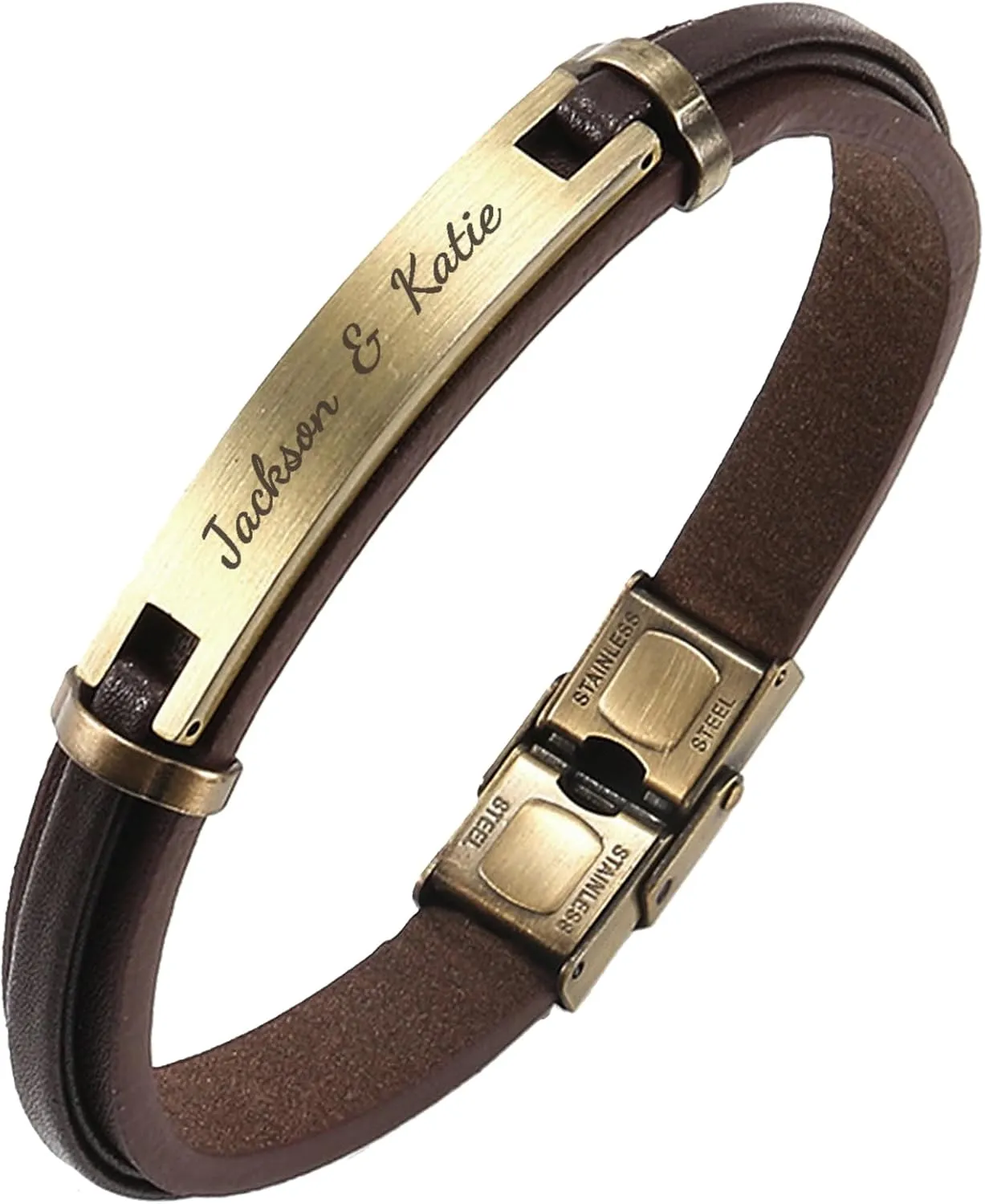 Personalized Mens Leather Bracelet Custom Engraved Text Stainless Steel Wristband Gift f/Boyfriend Husband Dad