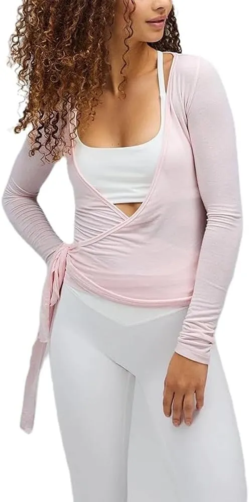 Pilates Wrap Tie Shirt Tops for Women Long Sleeve Ballet Tie Top Dance Ballerina Cover Up Top Yoga Workout Blouse