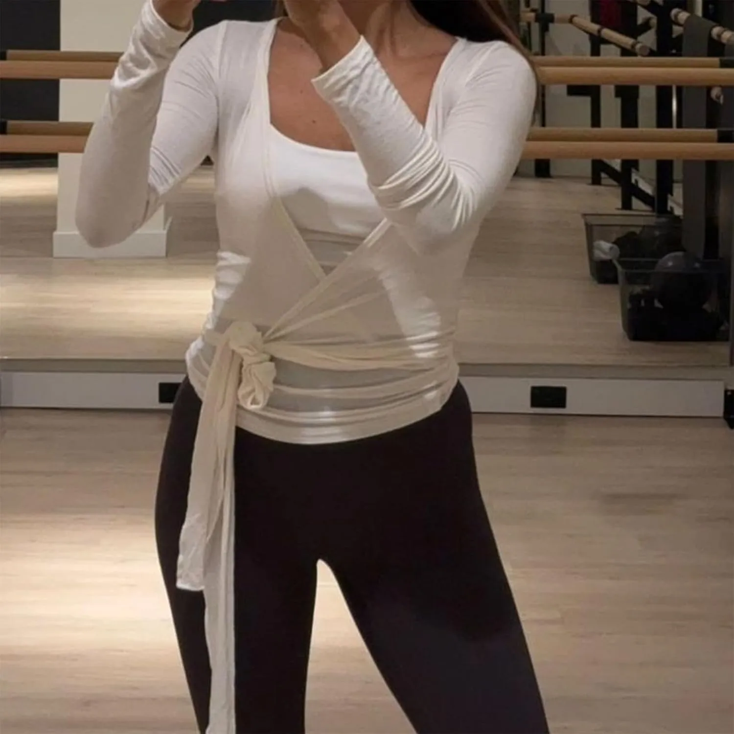 Pilates Wrap Tie Shirt Tops for Women Long Sleeve Ballet Tie Top Dance Ballerina Cover Up Top Yoga Workout Blouse