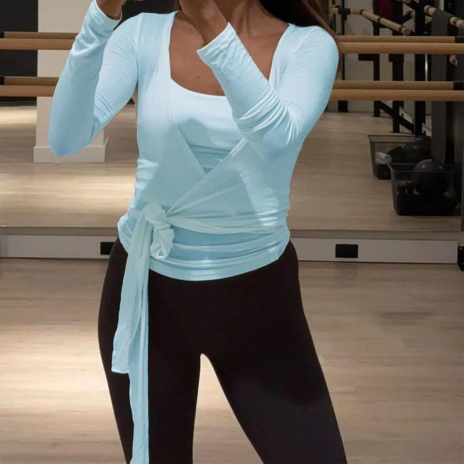 Pilates Wrap Tie Shirt Tops for Women Long Sleeve Ballet Tie Top Dance Ballerina Cover Up Top Yoga Workout Blouse