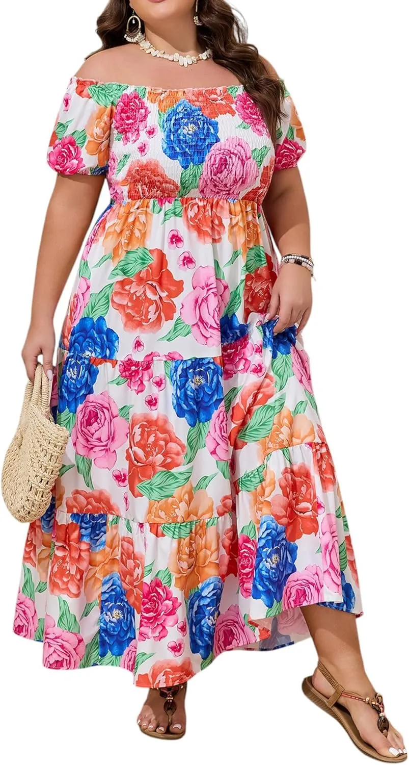 Plus Size Summer Floral Beach Dress for Women 2025, Off-Shoulder Boho Long Dress Vacation Garten Party Sundress