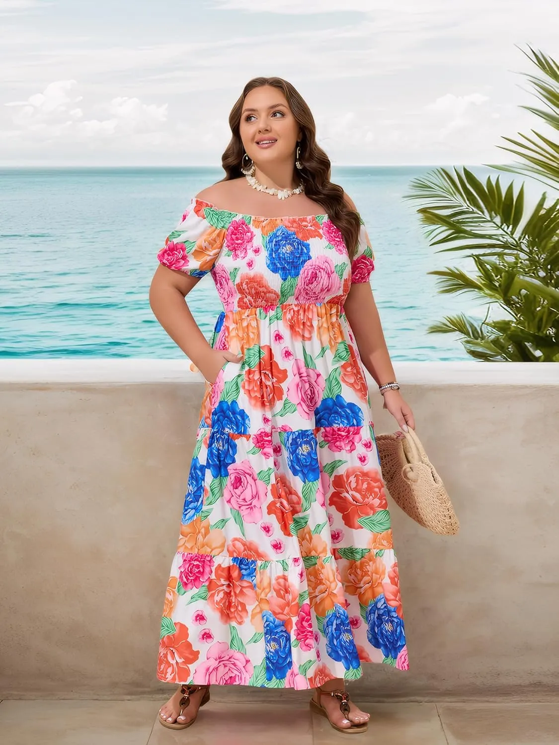 Plus Size Summer Floral Beach Dress for Women 2025, Off-Shoulder Boho Long Dress Vacation Garten Party Sundress
