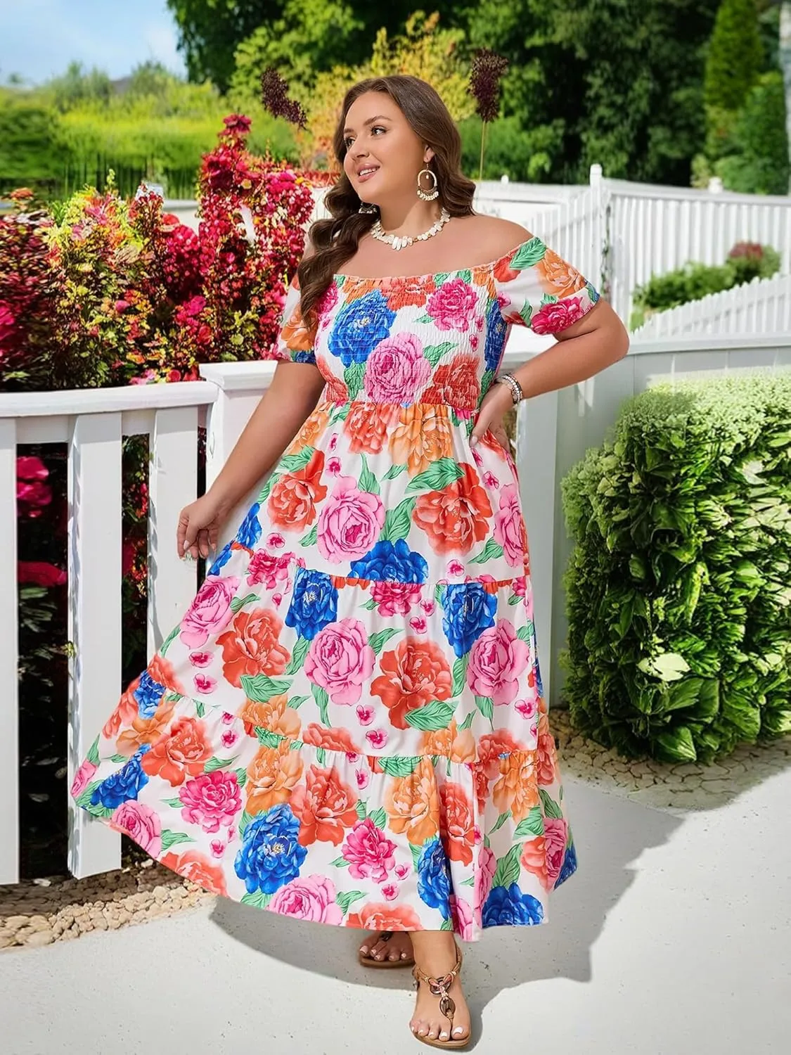 Plus Size Summer Floral Beach Dress for Women 2025, Off-Shoulder Boho Long Dress Vacation Garten Party Sundress