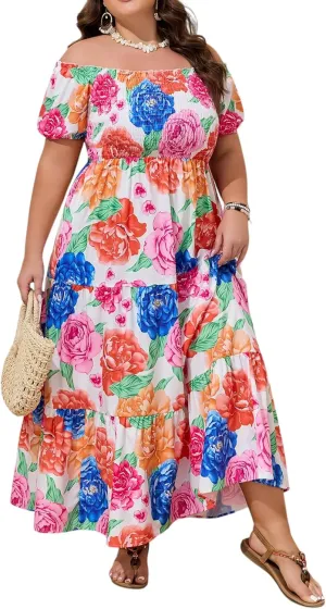 Plus Size Summer Floral Beach Dress for Women 2025, Off-Shoulder Boho Long Dress Vacation Garten Party Sundress