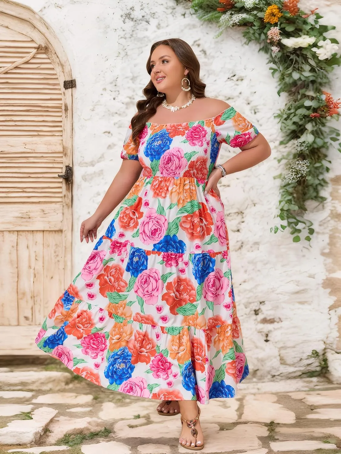 Plus Size Summer Floral Beach Dress for Women 2025, Off-Shoulder Boho Long Dress Vacation Garten Party Sundress