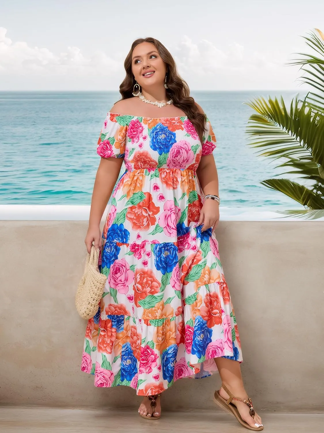 Plus Size Summer Floral Beach Dress for Women 2025, Off-Shoulder Boho Long Dress Vacation Garten Party Sundress