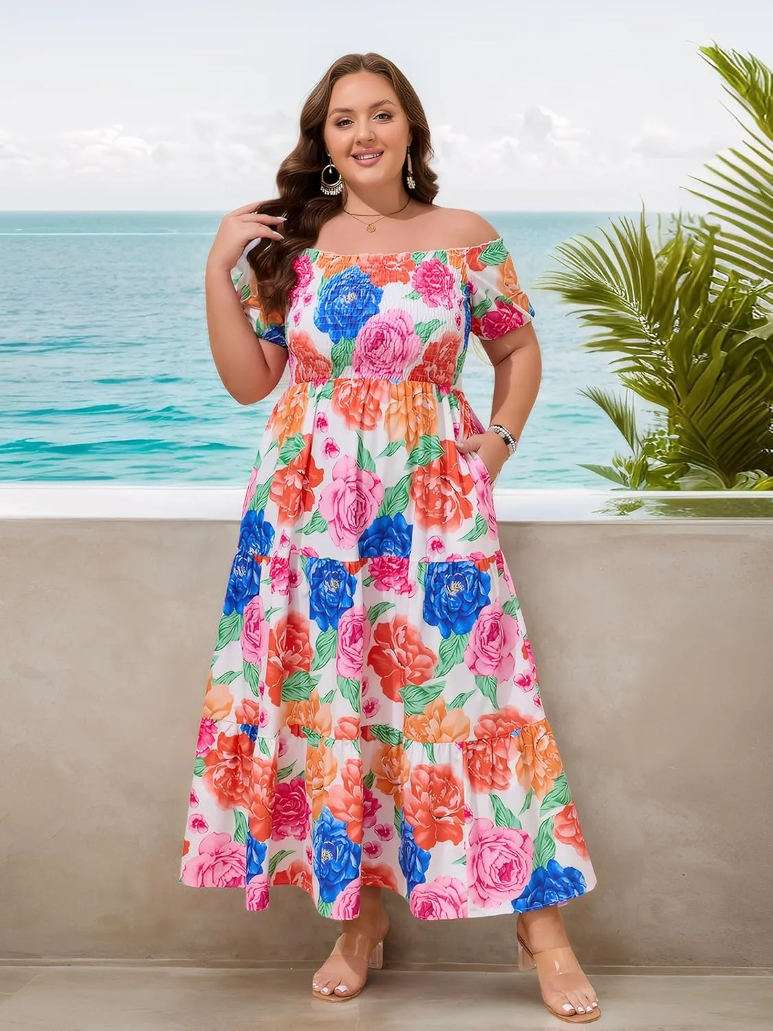 Plus Size Summer Floral Beach Dress for Women 2025, Off-Shoulder Boho Long Dress Vacation Garten Party Sundress