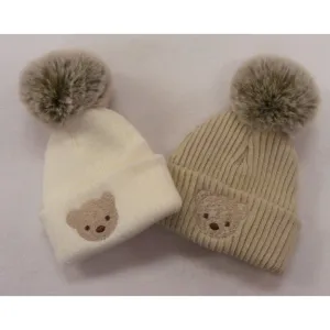 Pom Pom Hat in Ivory with a Teddy Face