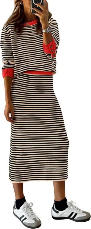 PRETTYGARDEN Women's 2 Piece Sets Lounge Striped Sweater Fall Casual Long Sleeve Knit Midi Skirts Matching Travel Outfits