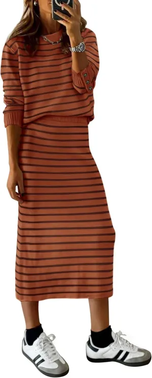 PRETTYGARDEN Women's 2 Piece Sets Lounge Striped Sweater Fall Casual Long Sleeve Knit Midi Skirts Matching Travel Outfits
