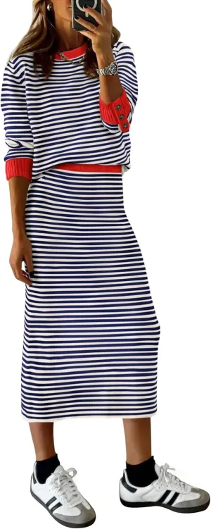 PRETTYGARDEN Women's 2 Piece Sets Lounge Striped Sweater Fall Casual Long Sleeve Knit Midi Skirts Matching Travel Outfits