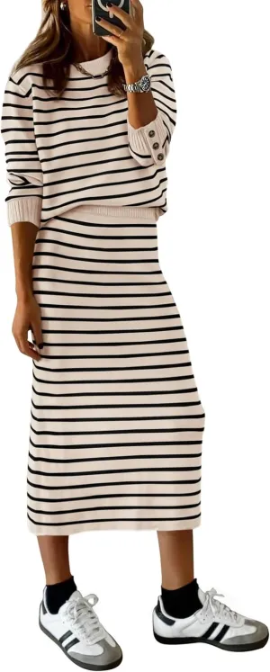 PRETTYGARDEN Women's 2 Piece Sets Lounge Striped Sweater Fall Casual Long Sleeve Knit Midi Skirts Matching Travel Outfits
