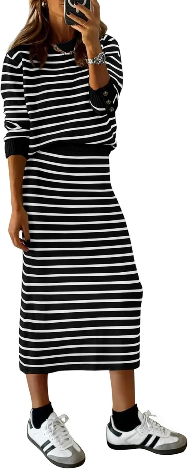 PRETTYGARDEN Women's 2 Piece Sets Lounge Striped Sweater Fall Casual Long Sleeve Knit Midi Skirts Matching Travel Outfits