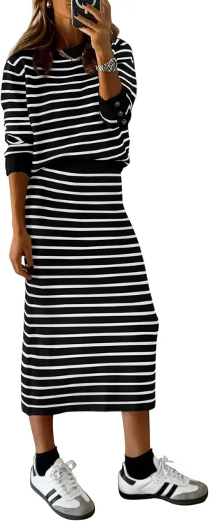 PRETTYGARDEN Women's 2 Piece Sets Lounge Striped Sweater Fall Casual Long Sleeve Knit Midi Skirts Matching Travel Outfits