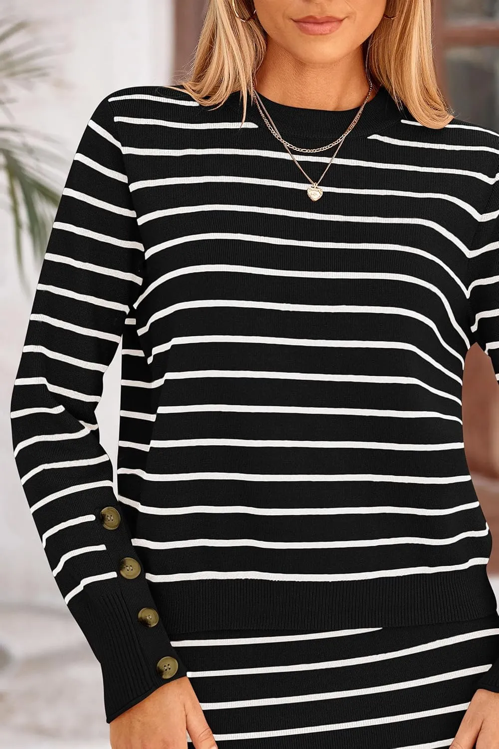 PRETTYGARDEN Women's 2 Piece Sets Lounge Striped Sweater Fall Casual Long Sleeve Knit Midi Skirts Matching Travel Outfits