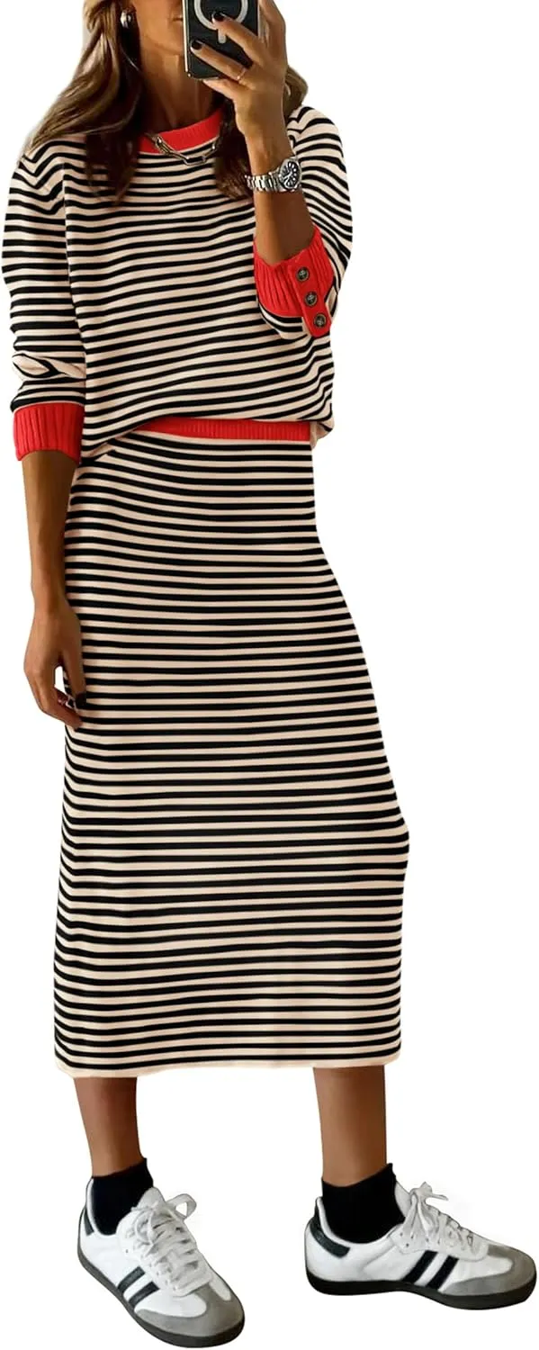 PRETTYGARDEN Women's 2 Piece Sets Lounge Striped Sweater Fall Casual Long Sleeve Knit Midi Skirts Matching Travel Outfits