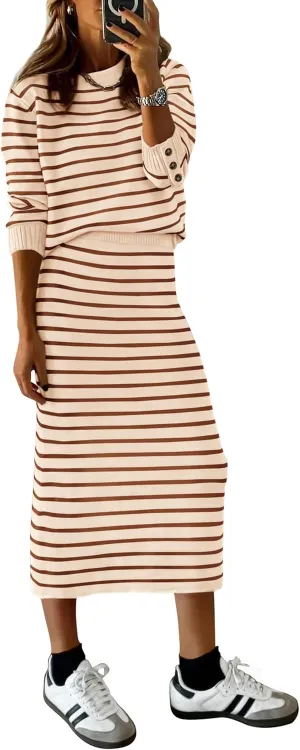 PRETTYGARDEN Women's 2 Piece Sets Lounge Striped Sweater Fall Casual Long Sleeve Knit Midi Skirts Matching Travel Outfits