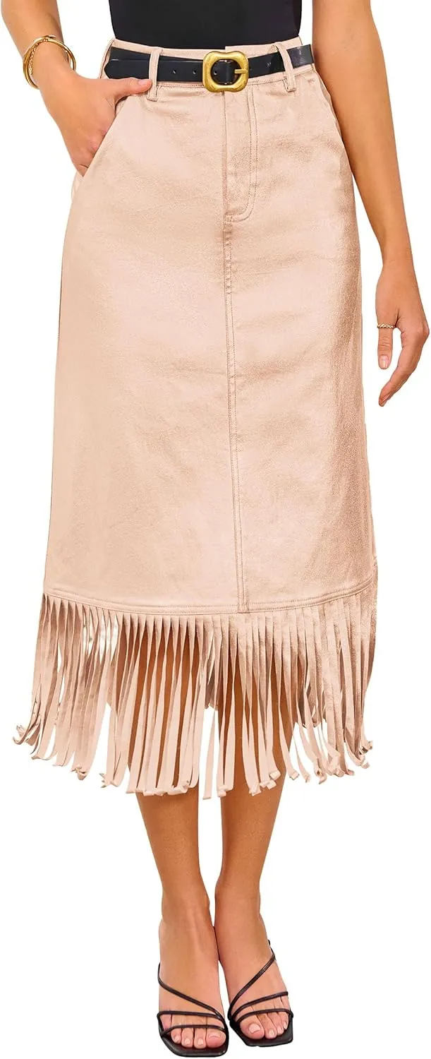 PRETTYGARDEN Women's Metallic Midi Party Skirt Casual High Waisted Fringe Shiny Y2K Long Pencil Skirts Fall Clothes