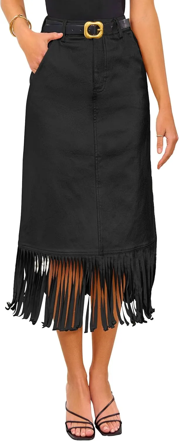 PRETTYGARDEN Women's Metallic Midi Party Skirt Casual High Waisted Fringe Shiny Y2K Long Pencil Skirts Fall Clothes