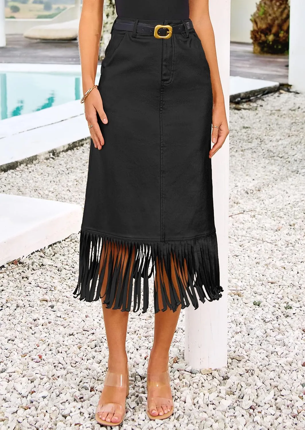 PRETTYGARDEN Women's Metallic Midi Party Skirt Casual High Waisted Fringe Shiny Y2K Long Pencil Skirts Fall Clothes