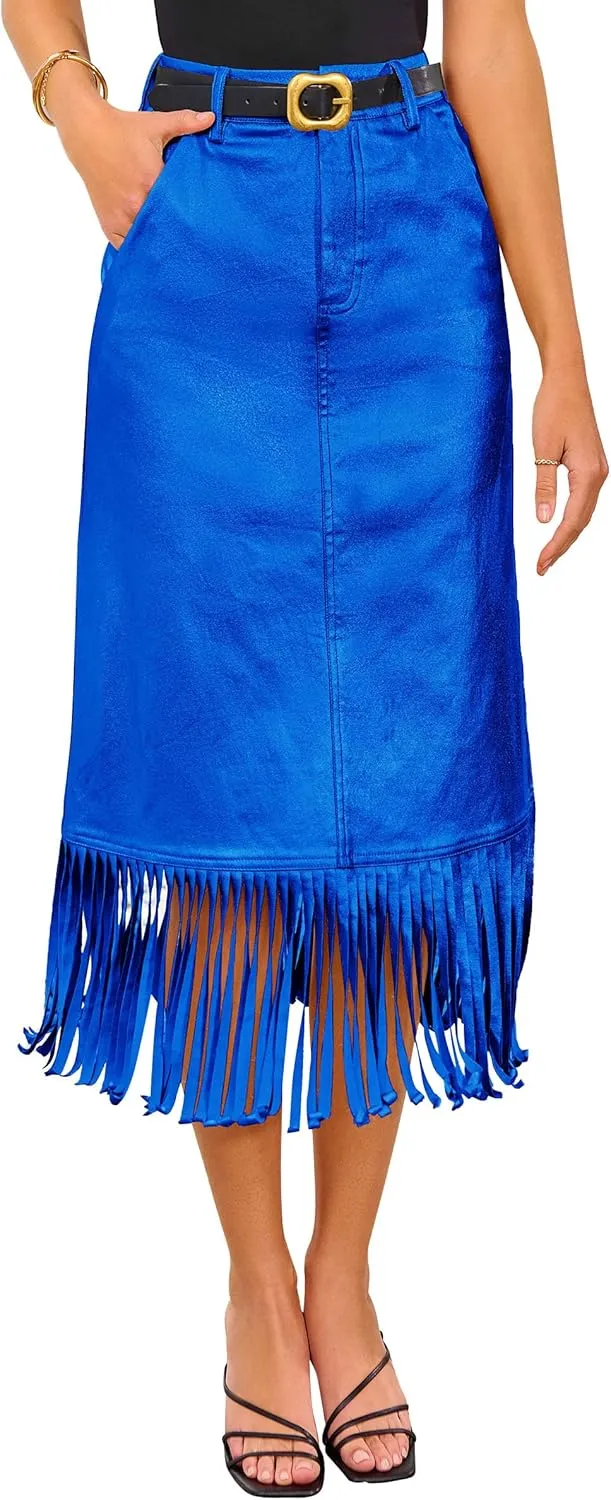 PRETTYGARDEN Women's Metallic Midi Party Skirt Casual High Waisted Fringe Shiny Y2K Long Pencil Skirts Fall Clothes