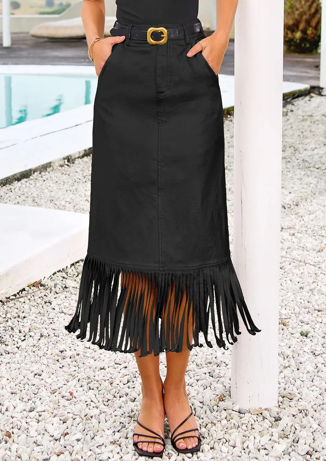 PRETTYGARDEN Women's Metallic Midi Party Skirt Casual High Waisted Fringe Shiny Y2K Long Pencil Skirts Fall Clothes