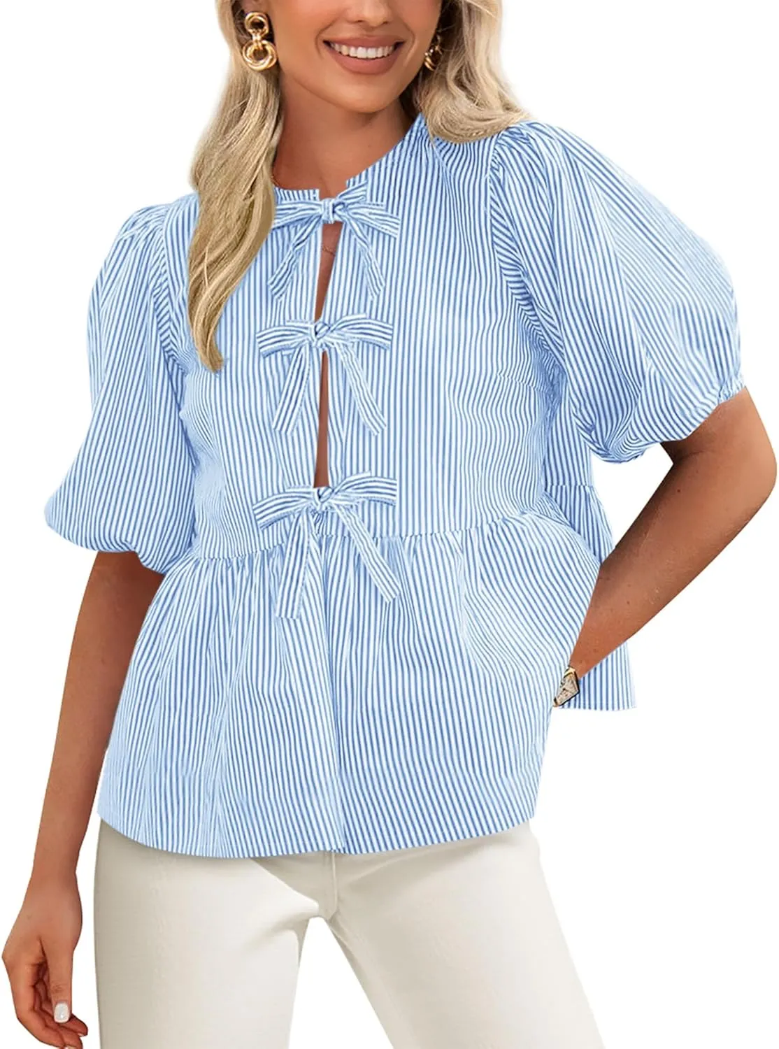 PRETTYGARDEN Women's Summer Tie Front Striped Shirt 2025 Trendy Cute Babydoll Tops Fashion Peplum Puffy Sleeve Blouse