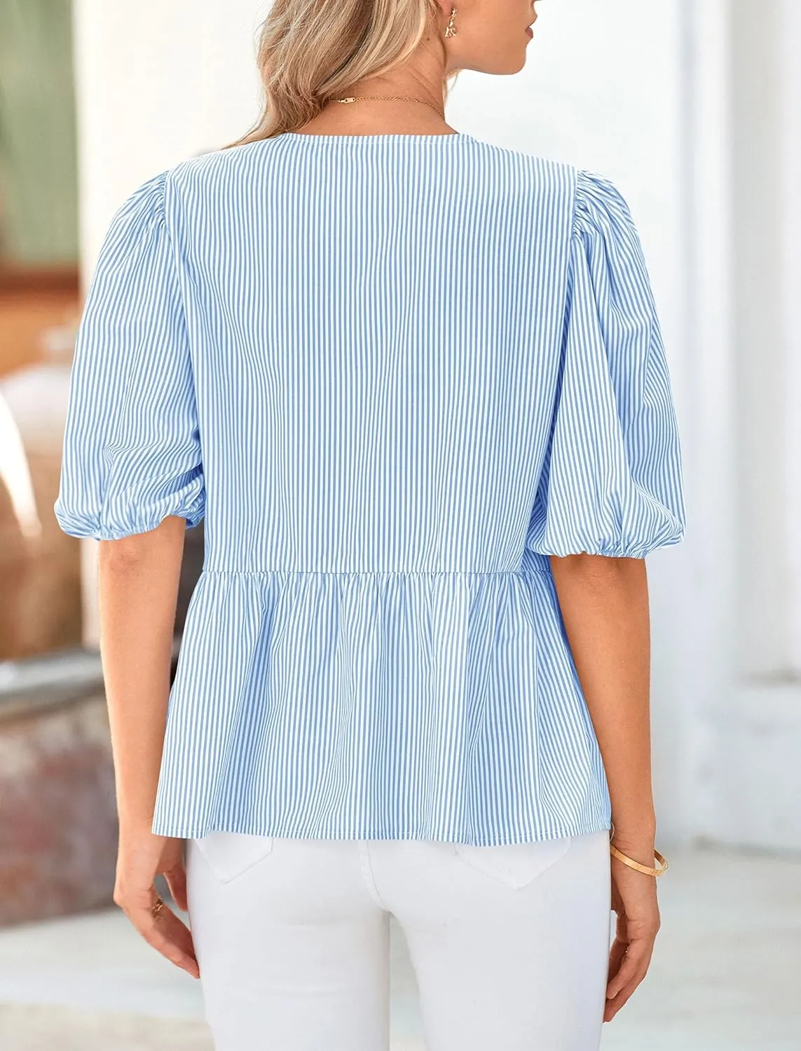 PRETTYGARDEN Women's Summer Tie Front Striped Shirt 2025 Trendy Cute Babydoll Tops Fashion Peplum Puffy Sleeve Blouse