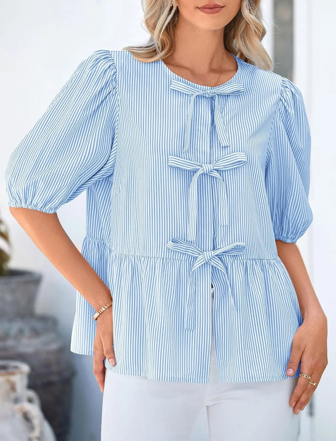 PRETTYGARDEN Women's Summer Tie Front Striped Shirt 2025 Trendy Cute Babydoll Tops Fashion Peplum Puffy Sleeve Blouse