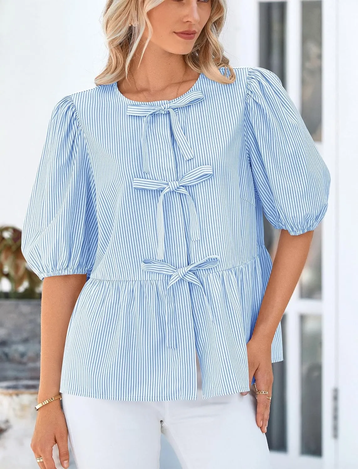 PRETTYGARDEN Women's Summer Tie Front Striped Shirt 2025 Trendy Cute Babydoll Tops Fashion Peplum Puffy Sleeve Blouse
