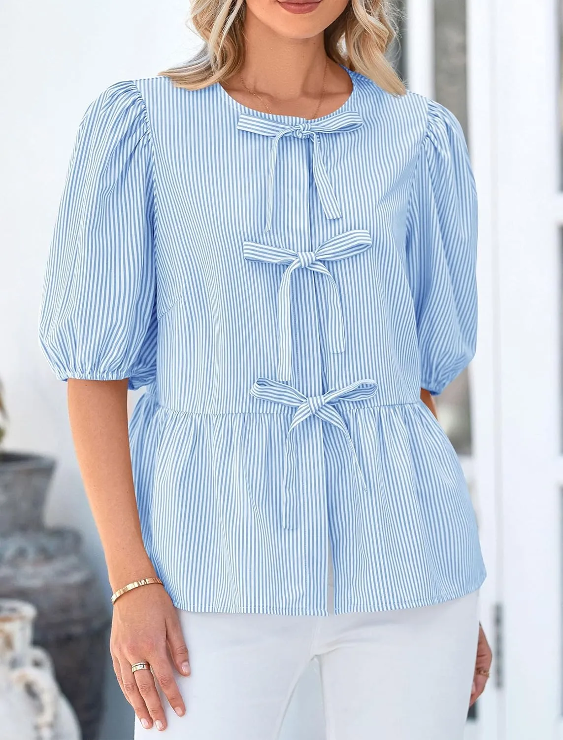 PRETTYGARDEN Women's Summer Tie Front Striped Shirt 2025 Trendy Cute Babydoll Tops Fashion Peplum Puffy Sleeve Blouse